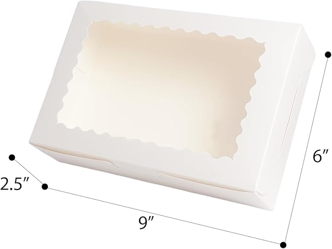 qiqee 50Pcs White Cookie Box with Window 9x6x2.5 Inch Pastry Macaron Bakery Box For Packaging