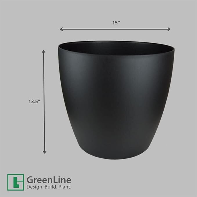 Memphis 15" Round Indoor Floor Planter Pot – Lightweight & Durable Plastic, Modern Design, Made in USA, Recyclable Large Plant Container for Home & Office Décor (Black)