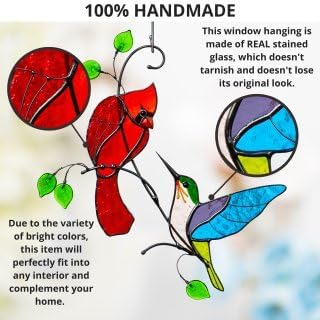 Hummingbird Cardinal Birds Stained Glass Suncatcher Genuine Stained Glass Window Hangings Unique Indoor Ornament & Outdoor Decor (Cardinal and Hummingbird)