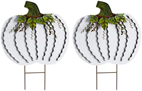 Veclotch 2set Pumpkin Garden Stake Metal Yard Sign Fall Decor, Decorative Decor Outdoor Stakes for Autumn Harvest Thanksgiving Halloween Rustic Decoration Home (White, 26''H)