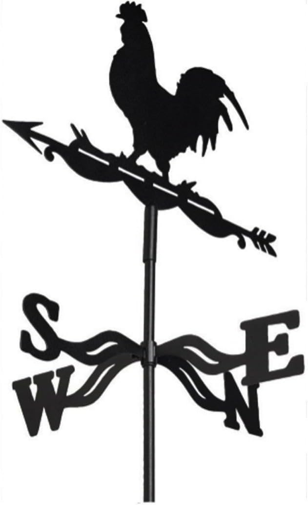 Rooster Weathervane Silhouette Art Black Metal Cock Wind Vanes Indicator Kit Outdoor Bracket for Garden Roof Yard Building (F)