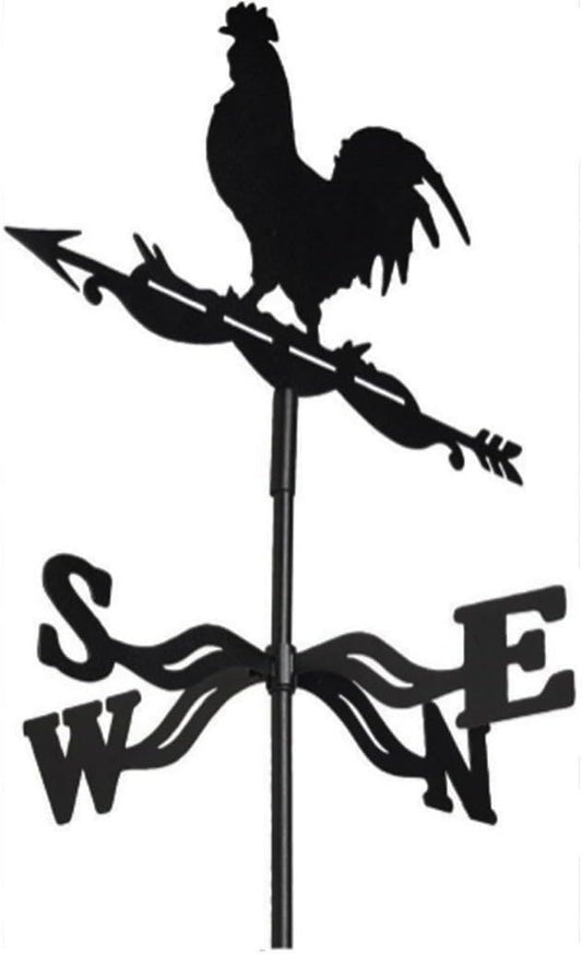 Rooster Weathervane Silhouette Art Black Metal Cock Wind Vanes Indicator Kit Outdoor Bracket for Garden Roof Yard Building (F)