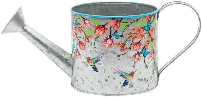 Napco Hummingbird, Blue Butterflies, Pink Cherry Blossoms 4.5 x 5 Metal, Decorative Watering Can Shaped, for Artificial Flowers,Greenery and Houseplants, Planter Pot