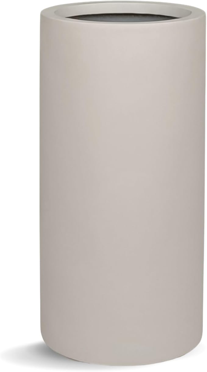 19.5"H x 9.8"D Tubo Fiberstone Cylinder Tall Planter, Christmas Tree Planter, Smooth Finishes, Weather Resistant for Indoor & Outdoor Use, Included 2 Extra Coco Mats (Taupe,8.2" Pot Opening)