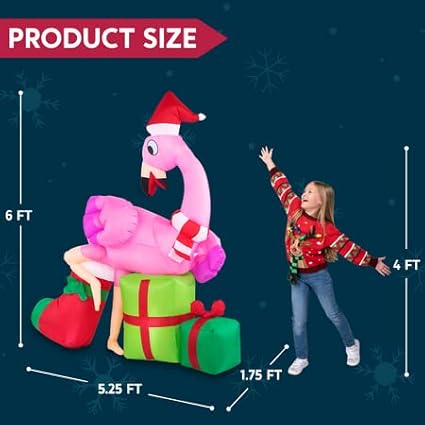 Joiedomi 6 FT Christmas Flamingo with Gift Box Inflatable Decorations with Build-in LEDs Blow Up Elegant Flamingo Inflatables for Xmas Party Indoor, Outdoor, Yard, Garden, Lawn Décor, Holiday Season