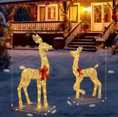 VINGLI 2-Piece Lighted Christmas Deer Family Outdoor Yard Decorations Set, 210 Warm White LED Gold Reindeer for Christmas Lawn Garden Pathway Decor, Indoor Outdoor Holiday Display