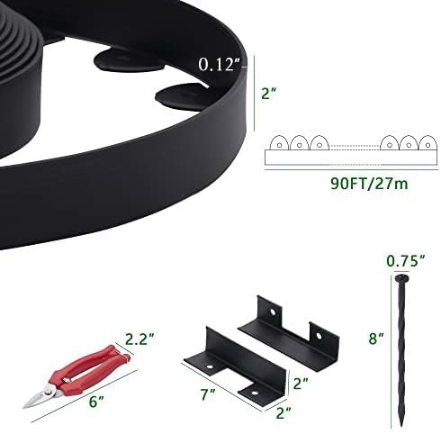 Landscape Edging, 90' 2" Tall Garden Edging with Scissors, Lawn Edging with 108 Garden Spikes and 5 Connectors, Heavy Duty PP&PE Material Edging for Landscaping, Garden, Lawn, Black