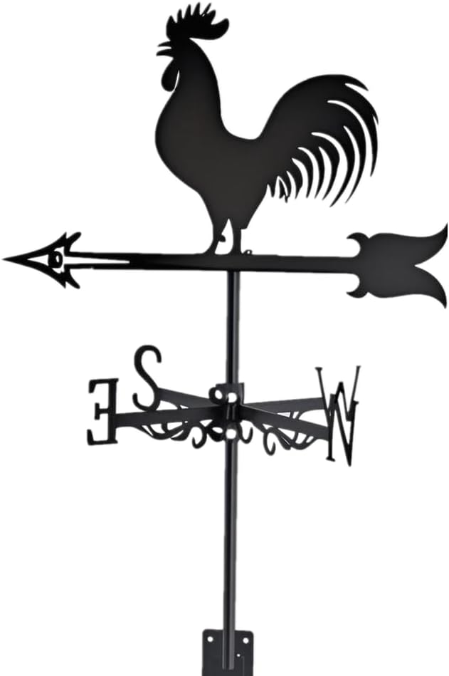 Rooster Weathervane Silhouette Art Black Metal Cock Wind Vanes Indicator Kit Outdoor Bracket for Garden Roof Yard Building (L)