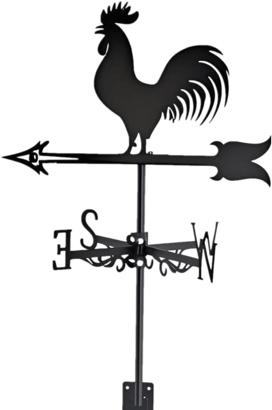 Rooster Weathervane Silhouette Art Black Metal Cock Wind Vanes Indicator Kit Outdoor Bracket for Garden Roof Yard Building (L)