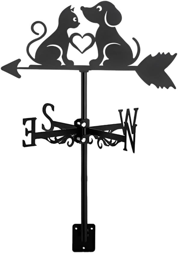 Metal Weather Vane Cat Rooftop Weathervane Black Rust-Proof Wind Direction Indicator for Garden Decor Fence Cottage Farmhouse Roof (Cat and Dog)