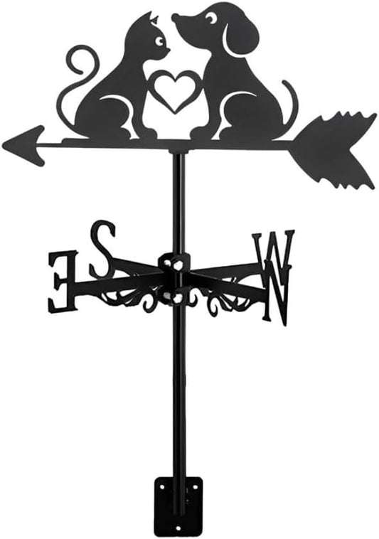 Metal Weather Vane Cat Rooftop Weathervane Black Rust-Proof Wind Direction Indicator for Garden Decor Fence Cottage Farmhouse Roof (Cat and Dog)