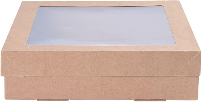 Restaurantware Cater Tek 9 x 9 x 2.4 Inch Catering Boxes 10 Insert Tab Lock Baked Goods Boxes - Window Lids Easy Assembly Kraft Paper Window Pastry Boxes For Charcuterie Or Cupcakes