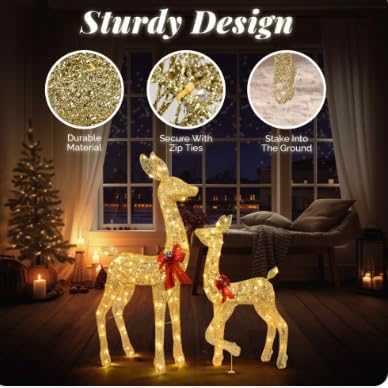 VINGLI 2-Piece Lighted Christmas Deer Family Outdoor Yard Decorations Set, 210 Warm White LED Gold Reindeer for Christmas Lawn Garden Pathway Decor, Indoor Outdoor Holiday Display