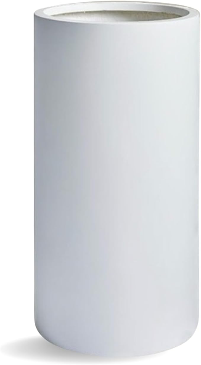19.5"H x 9.8"D Tubo Fiberstone Cylinder Tall Planter, Christmas Tree Planter, Smooth Finishes, Weather Resistant for Indoor & Outdoor Use, Included 2 Extra Coco Mats (White,8.2" Pot Opening)