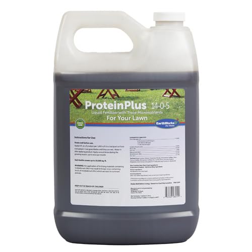 EarthWorks ProteinPlus Organic Liquid Fertilizer, Green Up Lawn Food with Essential Nutrients (Nitrogen, Carbon, Iron & Zinc), All Grass Types, Foil Spray Backpack or Hose End Applicators, 1 Gallon