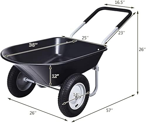 S AFSTAR 2 Wheels Wheelbarrow, Heavy Duty Garden Cart w/Two 13-inch Pneumatic Tires, 330 lbs Capacity, Utility Cart for Outdoor Lawn Yard Farm Ranch (Black)