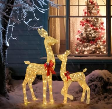 VINGLI 2-Piece Lighted Christmas Deer Family Outdoor Yard Decorations Set, 210 Warm White LED Gold Reindeer for Christmas Lawn Garden Pathway Decor, Indoor Outdoor Holiday Display