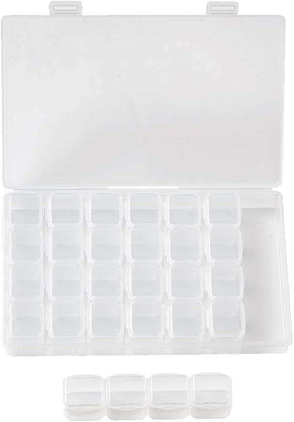 FASHEWELRY 28 Grids Clear Plastic Jewelry Box Storage Containers with 3.93x0.94x0.94 Inch Removable Dividers