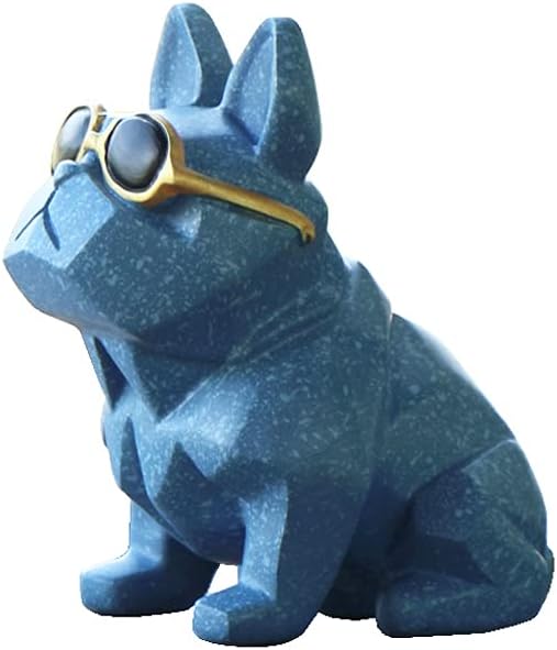 Unique Mini Geometric Dog Doggy Bulldog Figurine with Sunglasses Deep Blue, Animal Statues, Home Garden Bar Décor Ornament