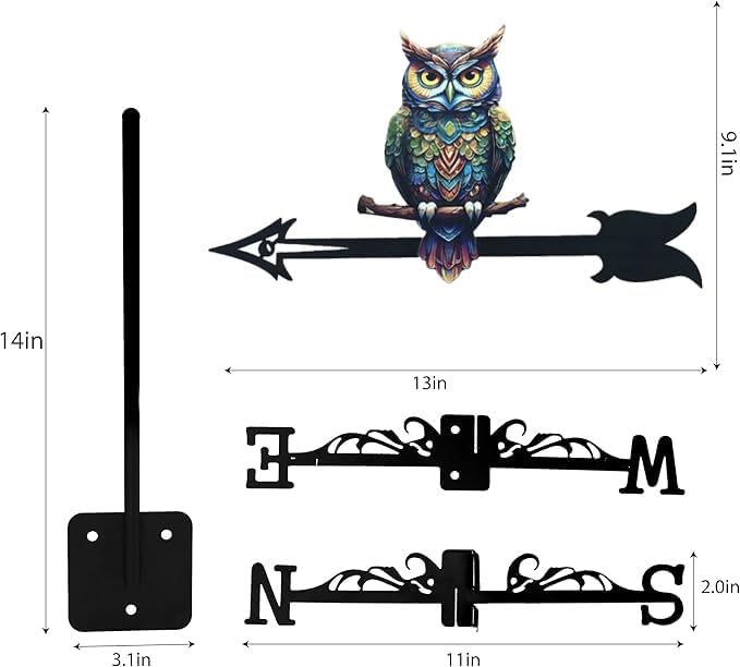 Metal Owl Wind Vane for Garden, 16 Inch Whimsical Metal Weathervane with Directional Arrows, Colorful Outdoor Roof Decor for Farmhouse Patio Yard,Outdoor Patio Roof Decoration