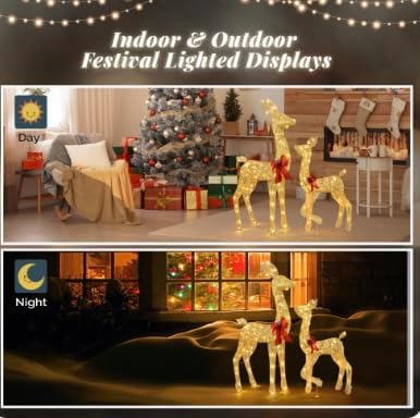 VINGLI 2-Piece Lighted Christmas Deer Family Outdoor Yard Decorations Set, 210 Warm White LED Gold Reindeer for Christmas Lawn Garden Pathway Decor, Indoor Outdoor Holiday Display