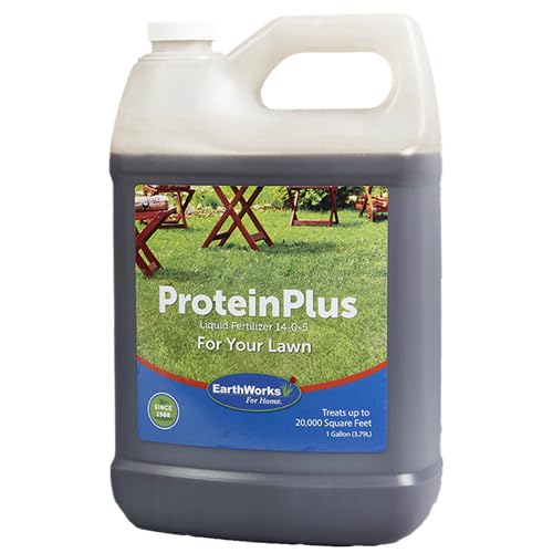 EarthWorks ProteinPlus Organic Liquid Fertilizer, Green Up Lawn Food with Essential Nutrients (Nitrogen, Carbon, Iron & Zinc), All Grass Types, Foil Spray Backpack or Hose End Applicators, 1 Gallon