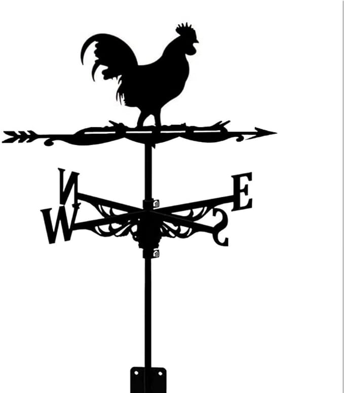 Rooster Weathervane Silhouette Art Black Metal Cock Wind Vanes Indicator Kit Outdoor Bracket for Garden Roof Yard Building (C)