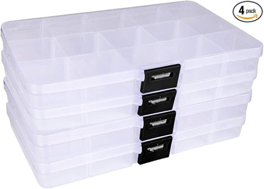 4 Pcs 15 Grids Clear Organizer Box Plastic Storage Container with Fixed Dividers Black Buckle for Electronics Jewelry Beads Art DIY Crafts Fishing Small Parts