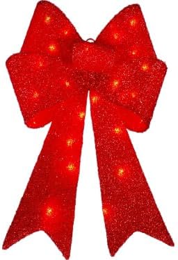 Christmas Red Glitter Bow Lighted Decoration - 26" H - 20 Mini LED Lights