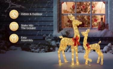 VINGLI 2-Piece Lighted Christmas Deer Family Outdoor Yard Decorations Set, 210 Warm White LED Gold Reindeer for Christmas Lawn Garden Pathway Decor, Indoor Outdoor Holiday Display