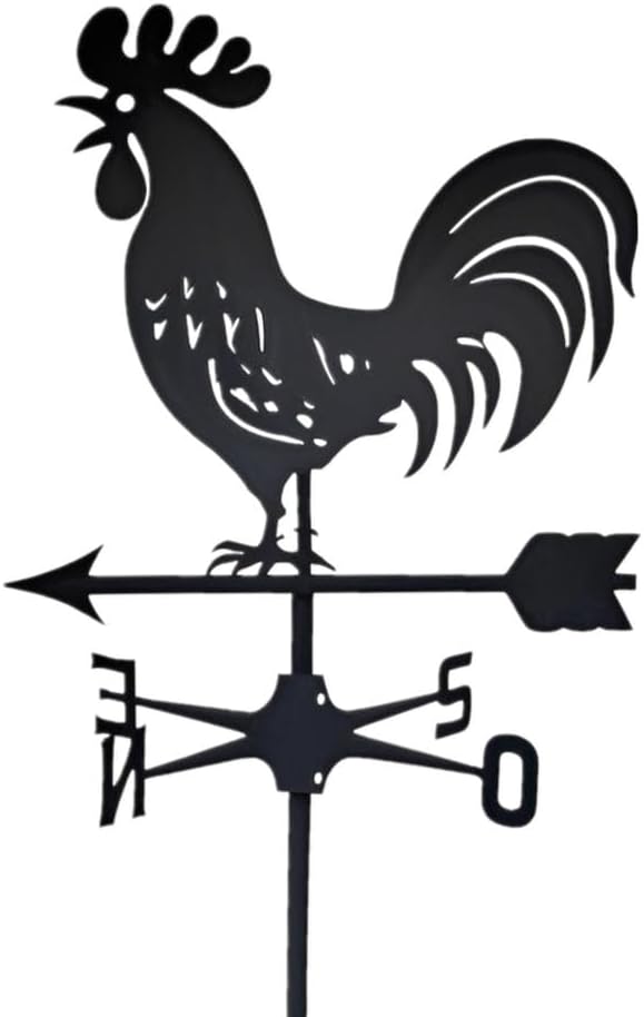 Rooster Weathervane Silhouette Art Black Metal Cock Wind Vanes Indicator Kit Outdoor Bracket for Garden Roof Yard Building (M)