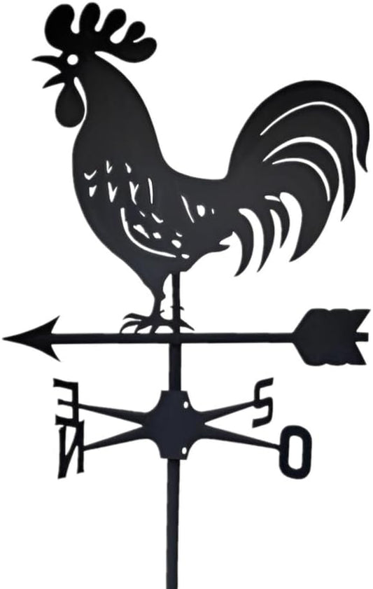 Rooster Weathervane Silhouette Art Black Metal Cock Wind Vanes Indicator Kit Outdoor Bracket for Garden Roof Yard Building (M)