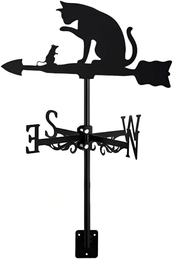 Metal Weather Vane Cat Rooftop Weathervane Black Rust-Proof Wind Direction Indicator for Garden Decor Fence Cottage Farmhouse Roof (Cat and Mouse)