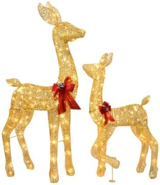 VINGLI 2-Piece Lighted Christmas Deer Family Outdoor Yard Decorations Set, 210 Warm White LED Gold Reindeer for Christmas Lawn Garden Pathway Decor, Indoor Outdoor Holiday Display