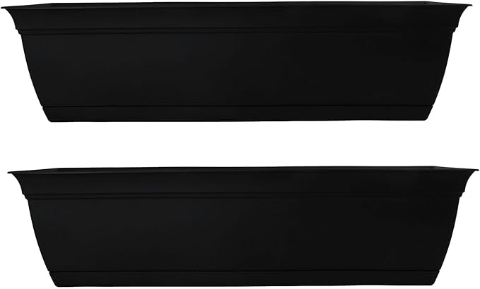 The HC Companies 24 Inch Eclipse Window Planter Box with Drainage Holes & Attached Saucer, Lightweight UV-Resistant Plastic Outdoor Planters, 2-Pack Flower Box for Garden & Home Decor, Black