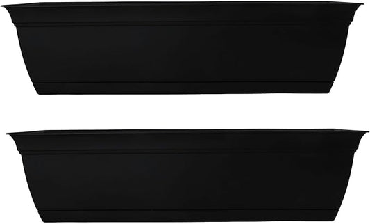 The HC Companies 24 Inch Eclipse Window Planter Box with Drainage Holes & Attached Saucer, Lightweight UV-Resistant Plastic Outdoor Planters, 2-Pack Flower Box for Garden & Home Decor, Black