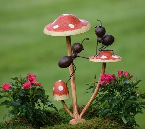 Zaer Ltd. Metal Ants on Mushrooms Short Garden/Pot Stake (2 Ants, Climbing)