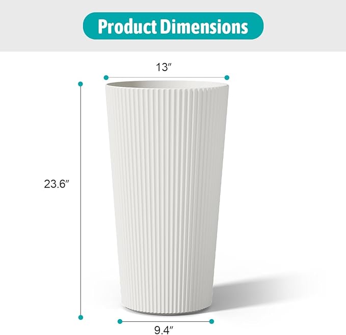 23.6" Tall Outdoor Planters, Set of 2 Large Plastic Flower Pots for Indoor & Outdoor Use, Modern Striped Decorative Garden Planters with Drainage Holes for Patio, Porch, Balcony, White