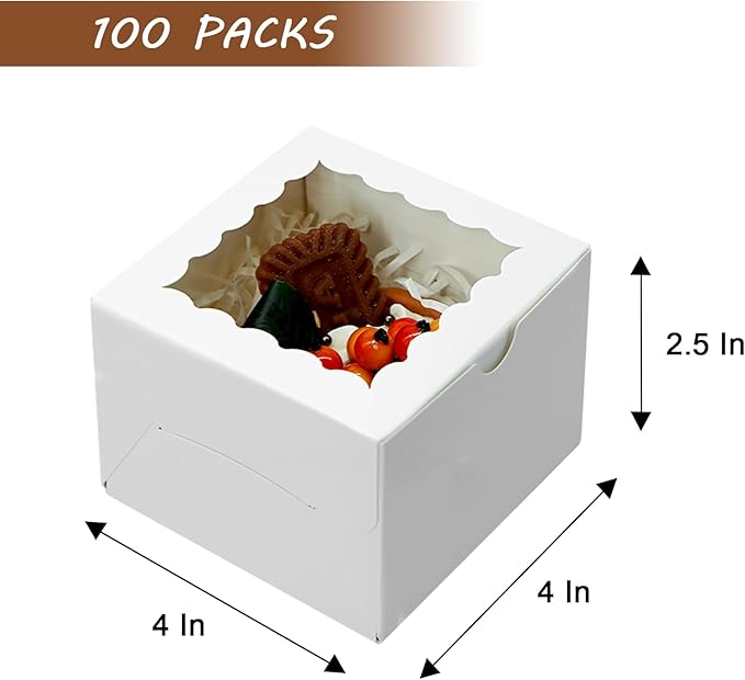 100pcs Cookie Boxes 4x4x2.5 Inch Bakery Boxes with Window Treat Box Dessert Box for Wedding Favors Party - White