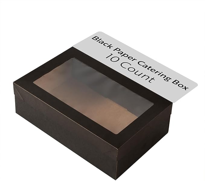 Restaurantware Cater Tek 10.2 x 6.1 x 3.2 Inch Baked Goods Boxes 10 Greaseproof Pastry Boxes - Window Lids Insert Tab Lock Black Paper Catering Boxes Easy Assembly For Charcuterie Or Cupcakes