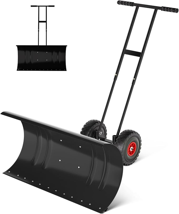 Snow Pusher with Wheels for Driveway, 29.5" Wide Heavy Duty Steel Blade, 7-Position Angle Adjustment & 60° Tilt Handle, Ergonomic Push Snow Shovel with Ground Protection for Effortless Snow Removal