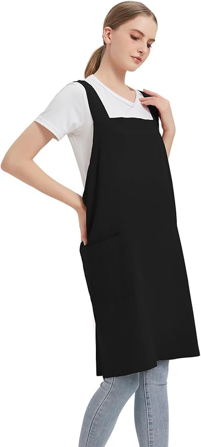 Cotton Linen Apron Cross Back Baking Cooking Gardening Apron for Women with Pockets Pinafore Dress