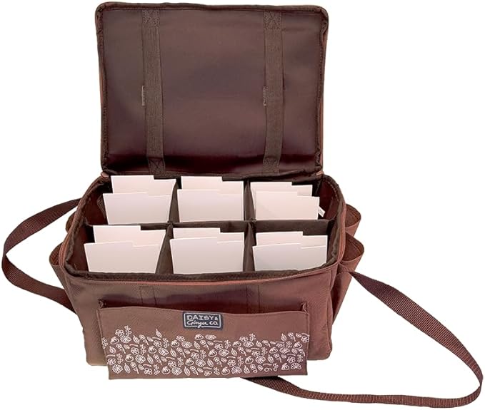 SEED PACKET ORGANIZER and GARDEN TOOL TOTE BAG with Water Resistant Bottom, Index Cards, Side Pockets, Notebook Straps and Shoulder Strap