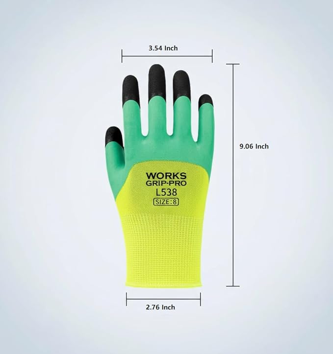 Pro L538 Safety Work Gloves, Green and Yellow, Latex Rubber Coated, Size 8, for Construction, Gardening, Warehouse, Assembly