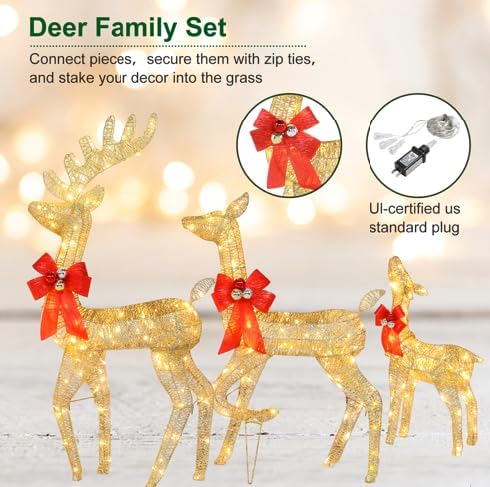 VINGLI Lighted Reindeer Christmas Decoration 3-Piece Deer Family Set for Outdoor Decor, Pre-lit 270 LED Christmas Deers for Outdoors Yard Ornament with Stakes, Zip Ties-Gold