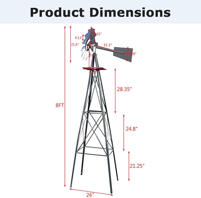 8FT Windmill for Yard Garden Decoration with Weather Vanes，Heavy Duty Outdoor Wind Mills, Large Metal Outdoor Windmill,Weather Resistant,Gray