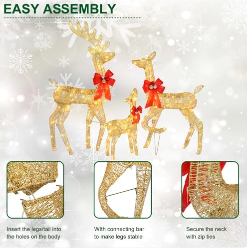 VINGLI Lighted Reindeer Christmas Decoration 3-Piece Deer Family Set for Outdoor Decor, Pre-lit 270 LED Christmas Deers for Outdoors Yard Ornament with Stakes, Zip Ties-Gold