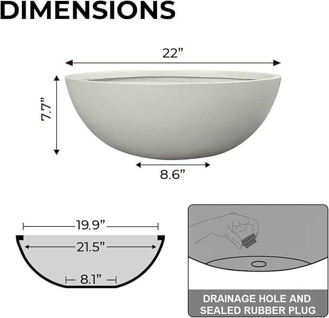 7.7" H x 22" D Round Bowl Fiberstone Planter for Succulent and Lotus - Christmas Tree Planter, Weather Resistant for Indoor & Outdoor Use, 2 Extra Coco Mats (Light Gray, 19.9" Pot Opening)