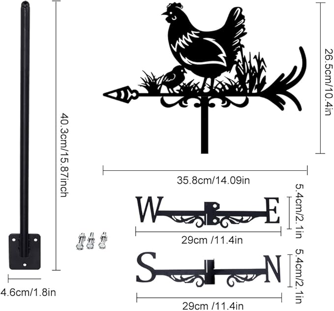 SUPERDANT Hen Weather Vane Chicken Wind Vanes for Yard Animals Metal Weathervane Roof Mount for Gardens Outside Black Weathervanes Farmhouse Farm Barn Sheds Patio Coop Outdoor Decorations