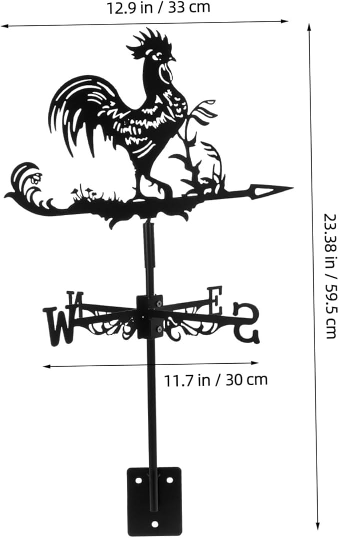 Wrought Iron Rooster Weather Vane 23.4 Inch Metal Farmyard Roof Mount Wind Direction Indicator Garden Outdoor D Cor